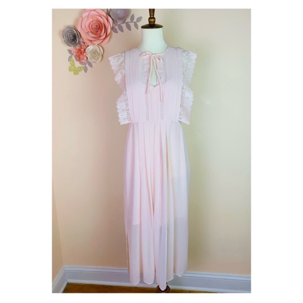 New! SANDRO Paris Pleated Lace Sheer Midi Dress in Peach Pink - Picture 6 of 10